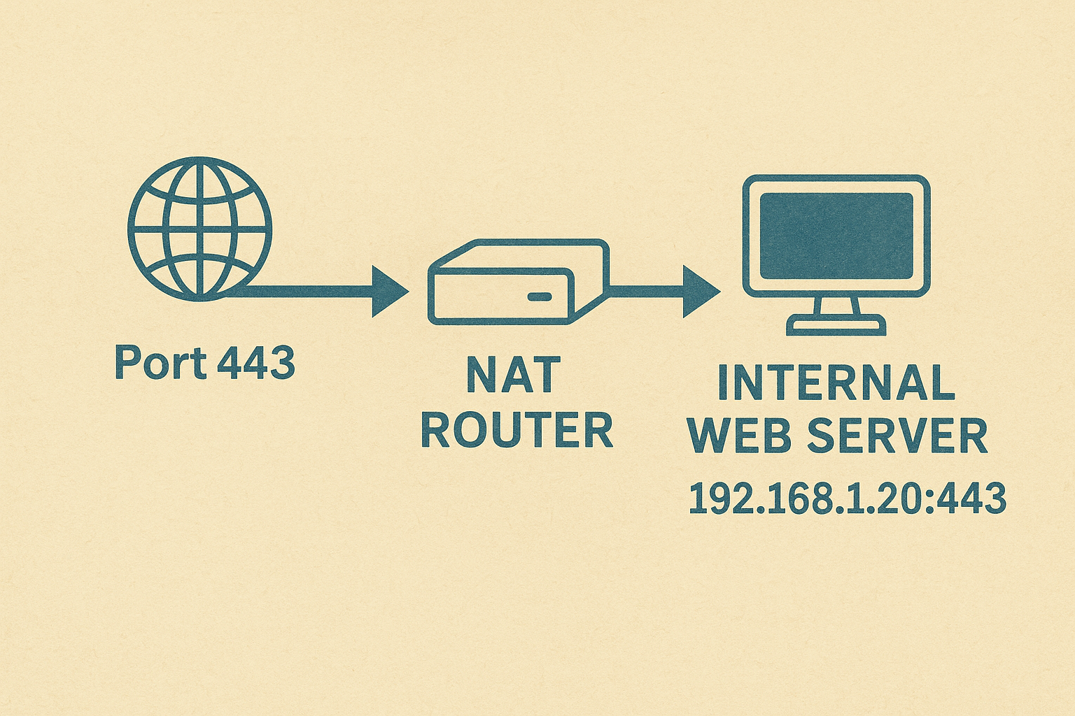 Image depicting a simple diagaram where a web request comes in on port 443 to the routers poublic ip, then passes it to the internal web server.