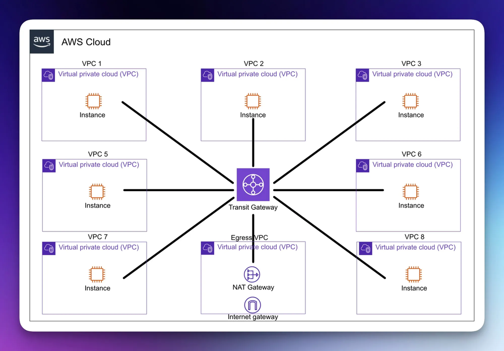 Image showing 8 VPCs all connected to a central Transit Gateway (TGW) in AWS, allowing connectivity between each area.