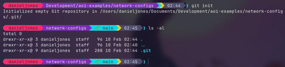 Terminal showing git init command initialising an empty Git repository, with ls -al displaying the hidden .git directory in the network-configs project folder