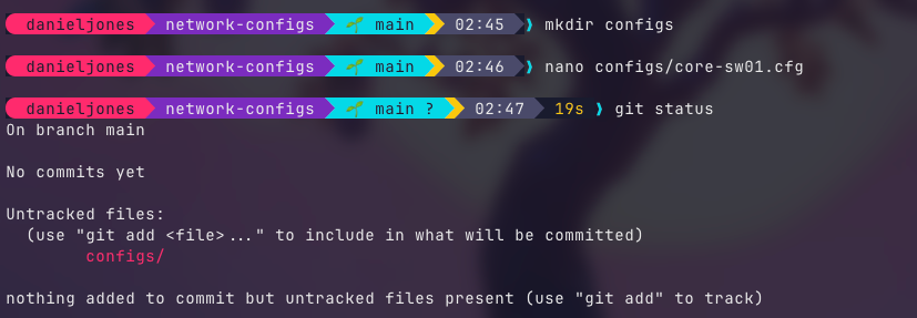 Terminal showing git status output with an untracked network config file in the configs directory, before staging with git add on the main branch