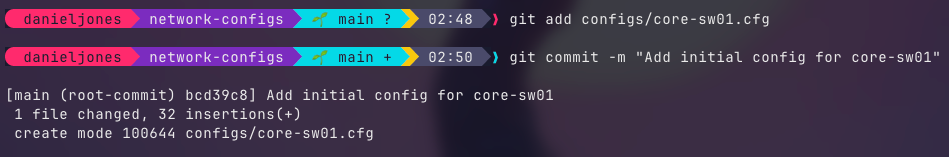 Terminal showing git add and git commit commands staging and committing a network switch configuration file for core-sw01 as the first commit to the repository