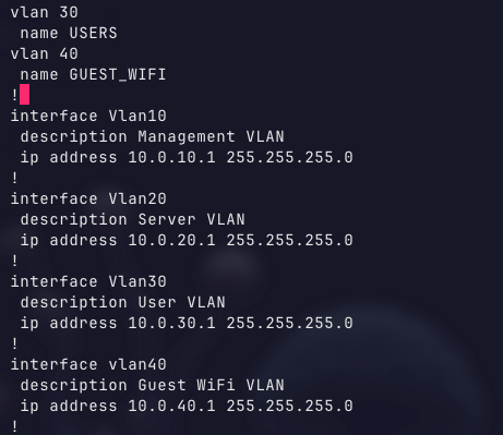 Network switch configuration file showing VLAN definitions and interface assignments including the newly added VLAN 40 for guest WiFi with IP address 10.0.40.1