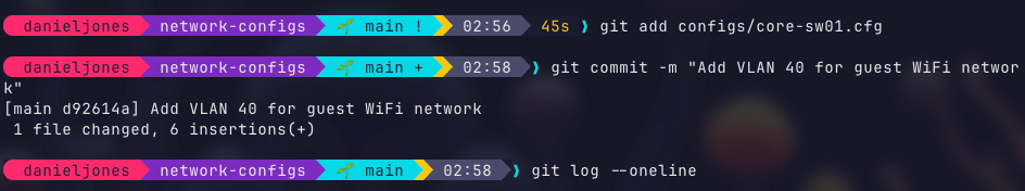 Terminal showing git add and commit for adding VLAN 40 guest WiFi configuration, followed by git log --oneline displaying two commits in the repository history