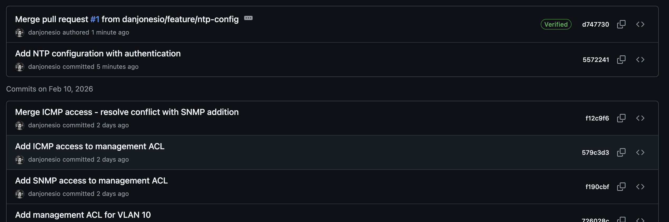 GitHub commit history showing a merged pull request for the NTP configuration branch alongside previous commits for ACL, QoS, VLAN, and merge conflict resolution changes